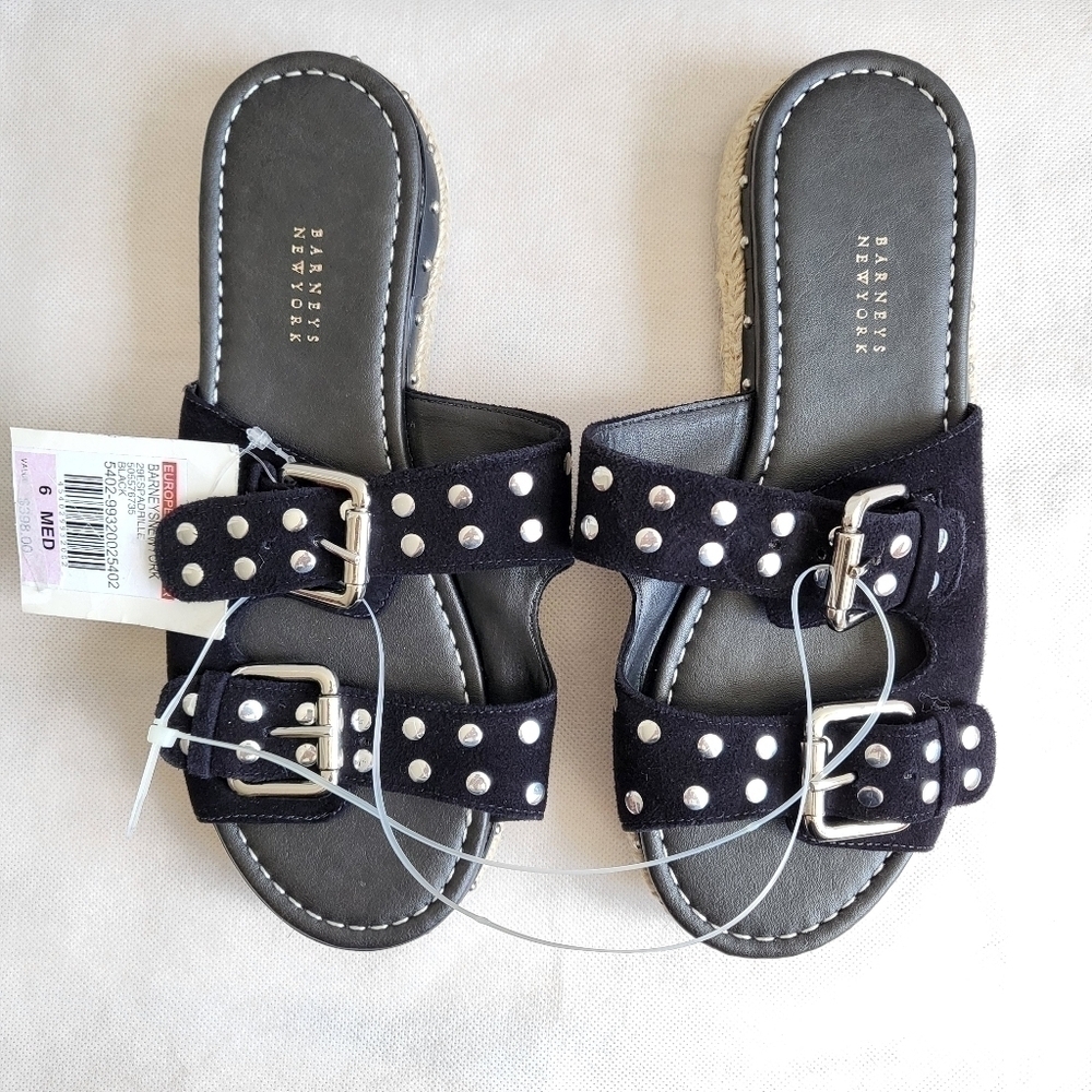 New Barneys New York Suede Studded Espadrilles Sandals Black NWT 6 B